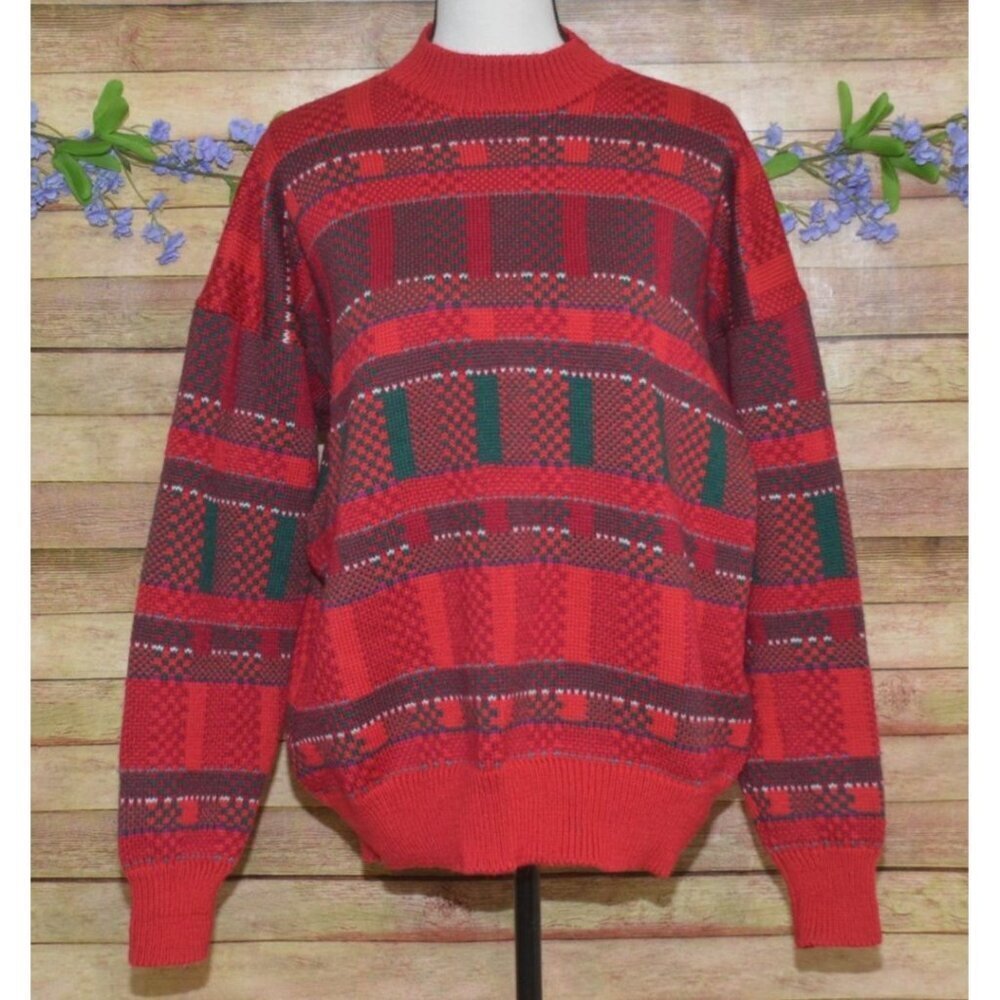 Top Notch Knits Unisex XL Red Green Heavy Knit 100% Wool Sweater Made In USA